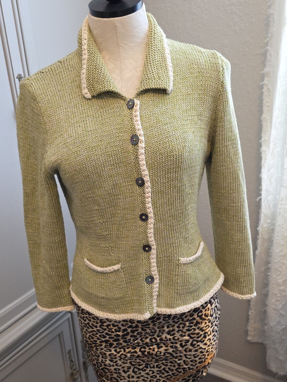 Light Green Knit Blazer Jacket with Cream Trim
